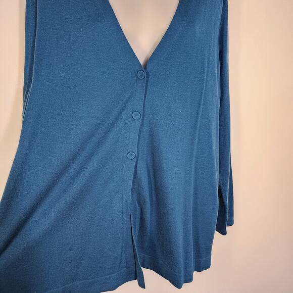 J. Jill Women’s Cardigan Sweater Large Wool Blend Teal V Neck Three Button Knit - Picture 3 of 10
